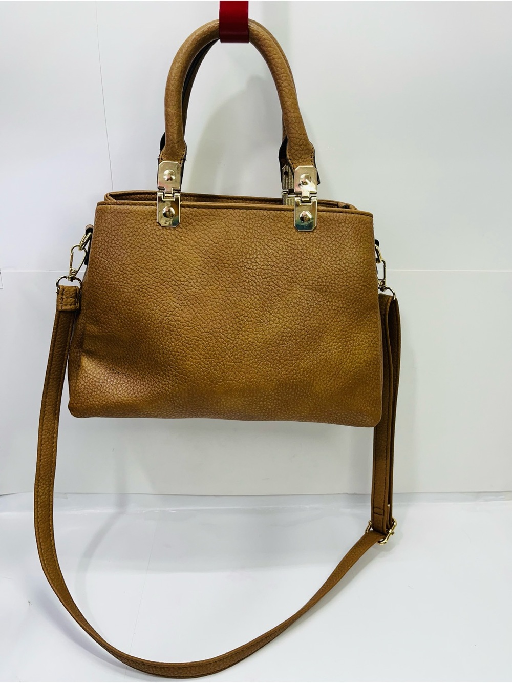 Tan Pebbled Vegan Leather Purse Satchel with Crossbody Strap Gold Tone Accents